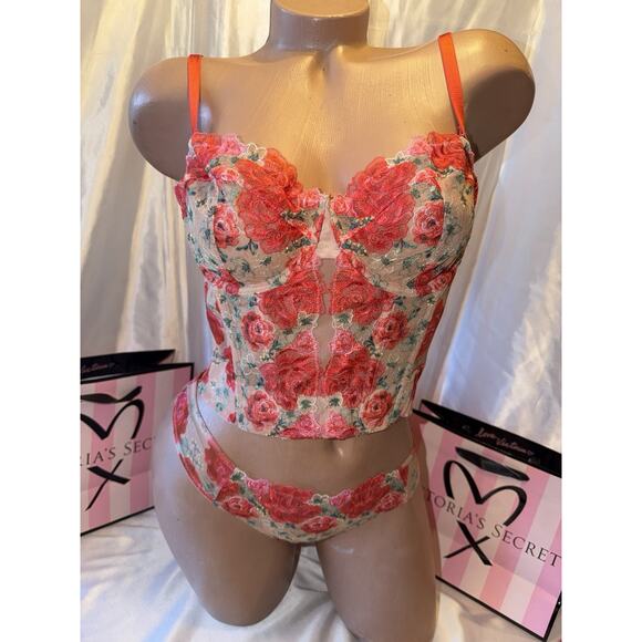 Victoria's Secret Other - Victorias Secret Bra Corset Clubbing Top 34DD Small Thong Embroidered Rose